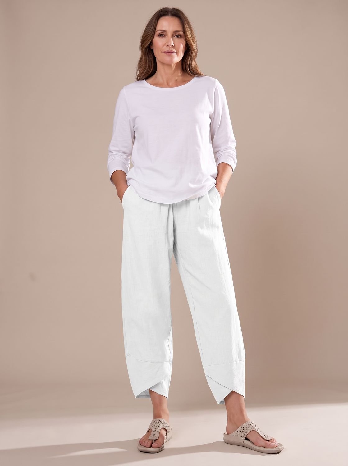 Women's Linen Trousers Relaxed-Fit Elastic Waist Cropped Pants - White