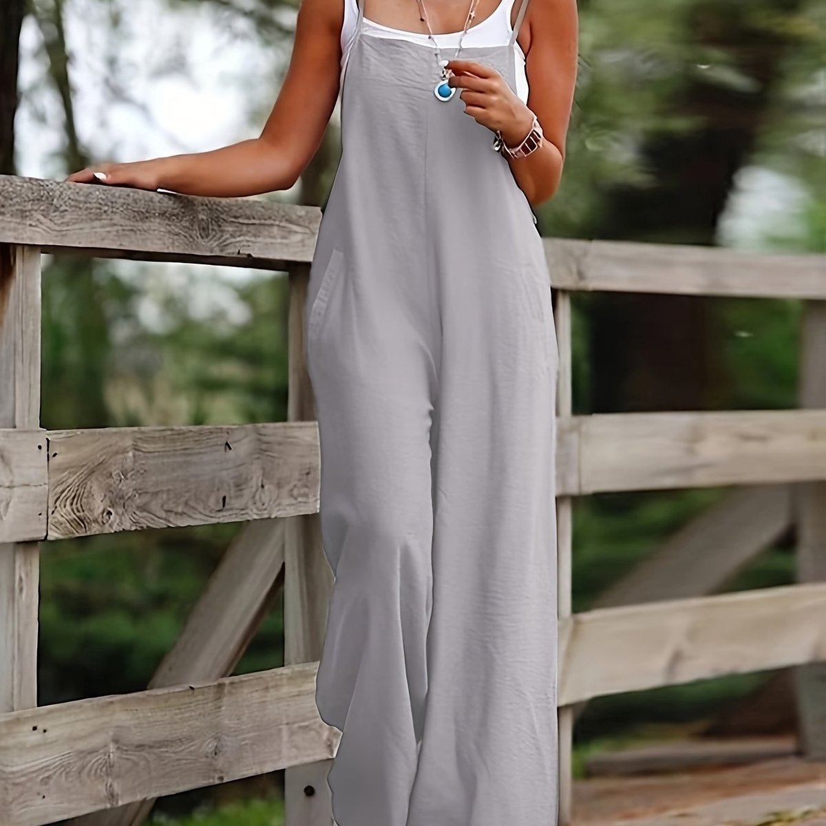 Women's Linen Wide Leg Pants Sleeveless Dungaree Jumpsuit - Silvery Grey