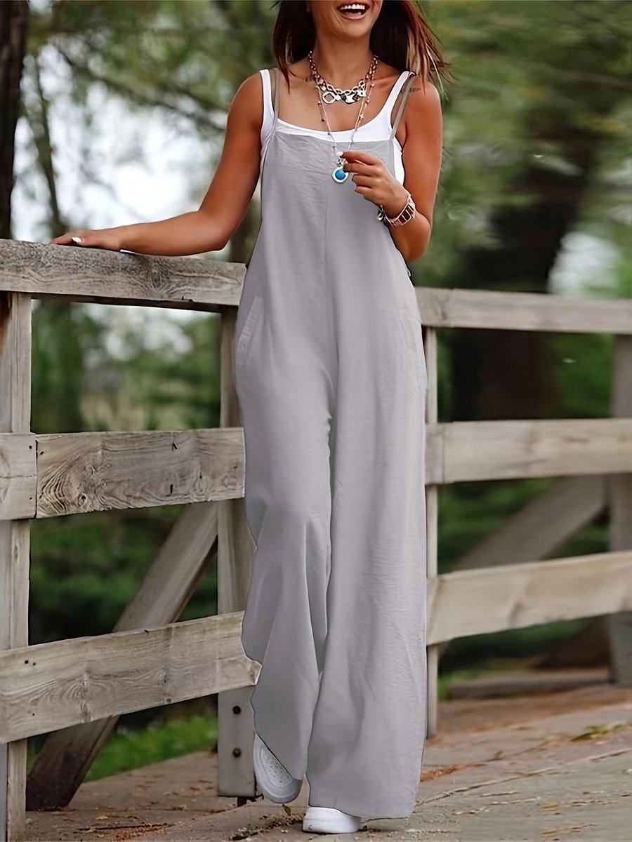 Women's Linen Wide Leg Pants Sleeveless Dungaree Jumpsuit
