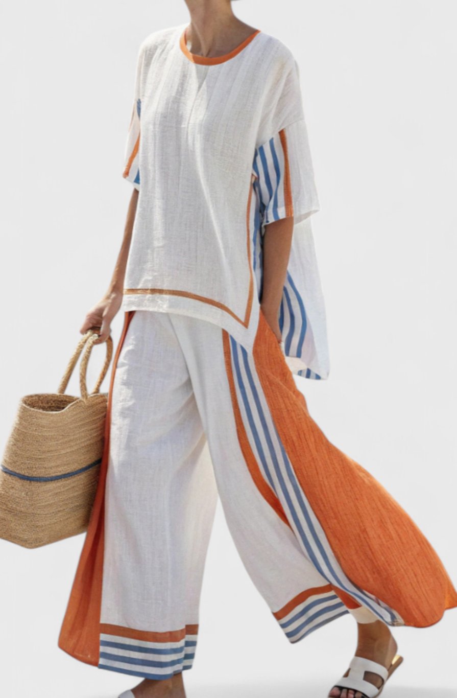 Women's Linen Wide-Leg Striped Two-Piece Top and Pants Set