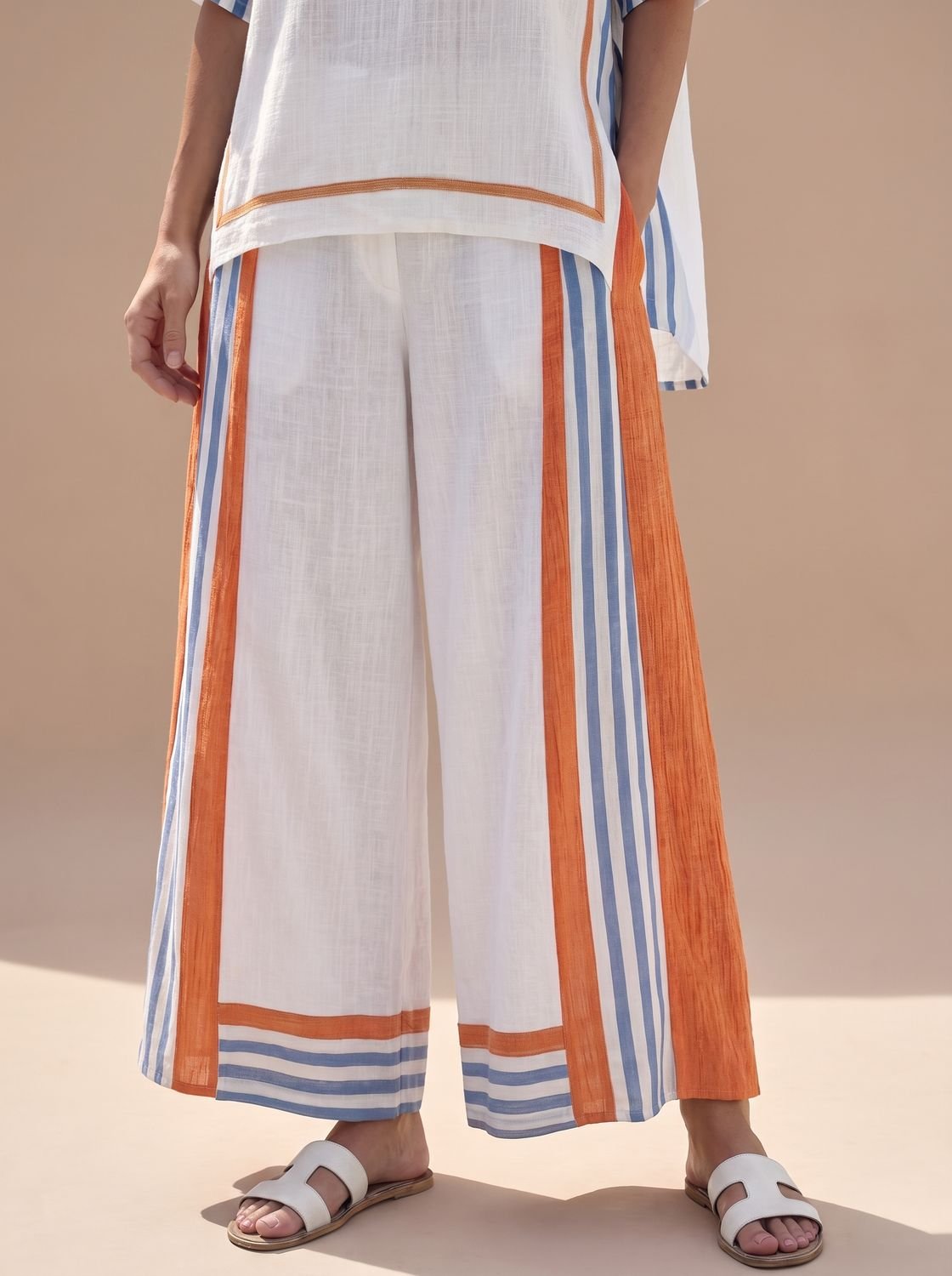 Women's Linen Wide-Leg Striped Two-Piece Top and Pants Set
