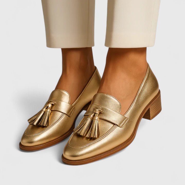 Women's Loafers Slip-On Comfort Tassel Gold Block Heel - Gold