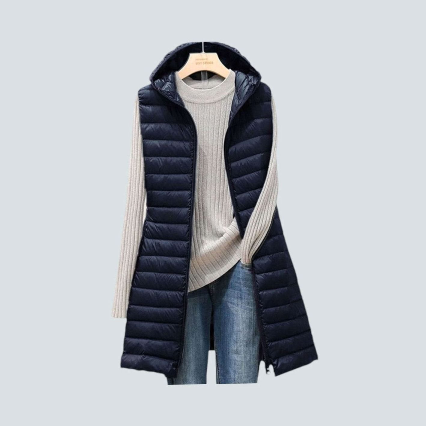 Women's Long Quilted Hooded Puffer Vest Blazer - Marine Blue