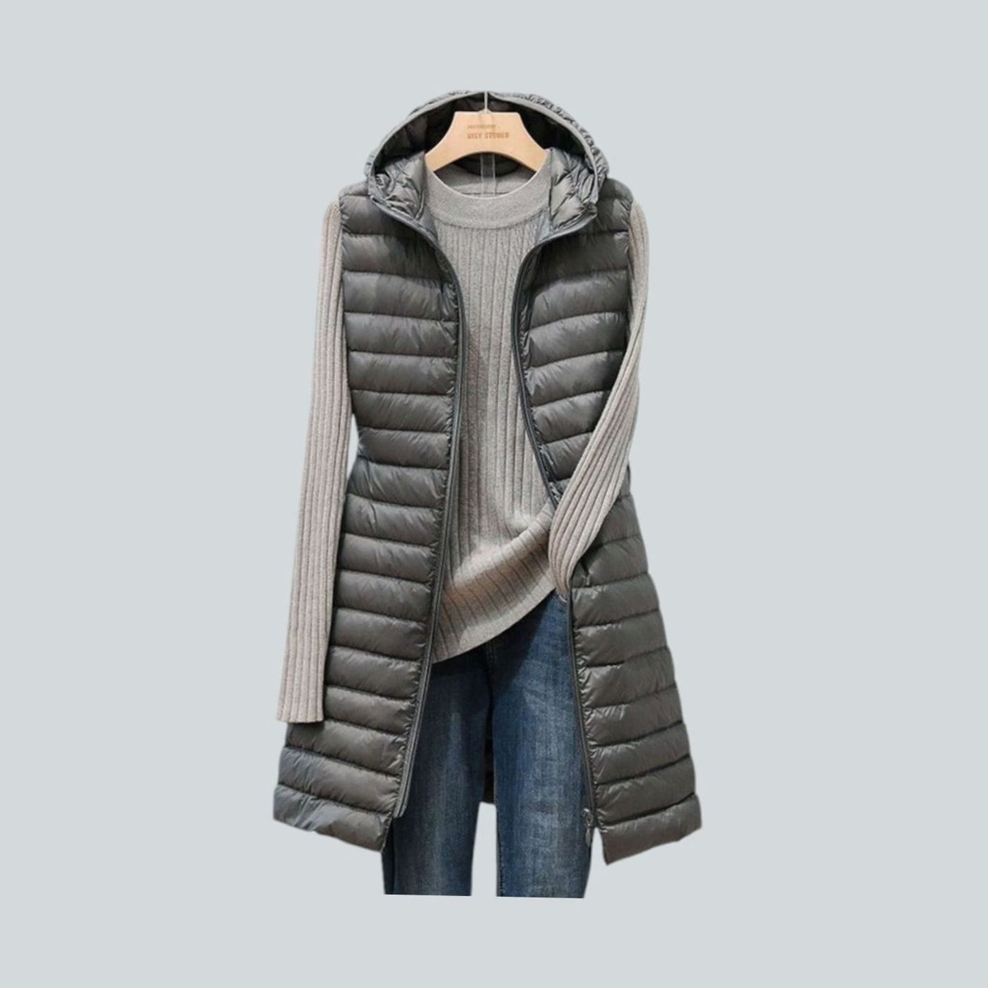 Women's Long Quilted Hooded Puffer Vest Blazer - Gray