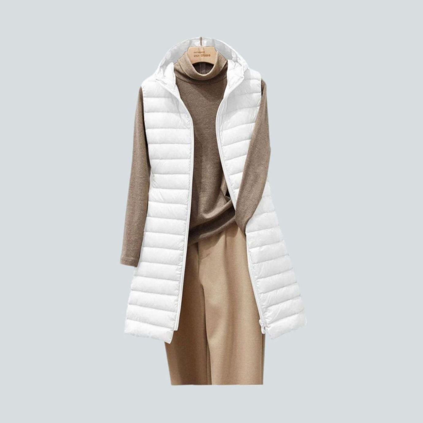 Women's Long Quilted Hooded Puffer Vest Blazer - White
