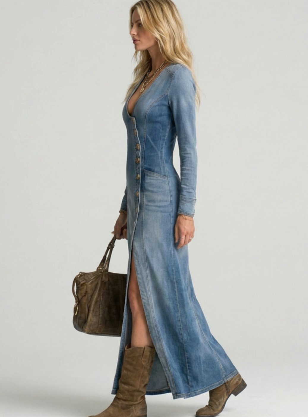 Women's Long Sleeve Button-Front Denim Maxi Dress