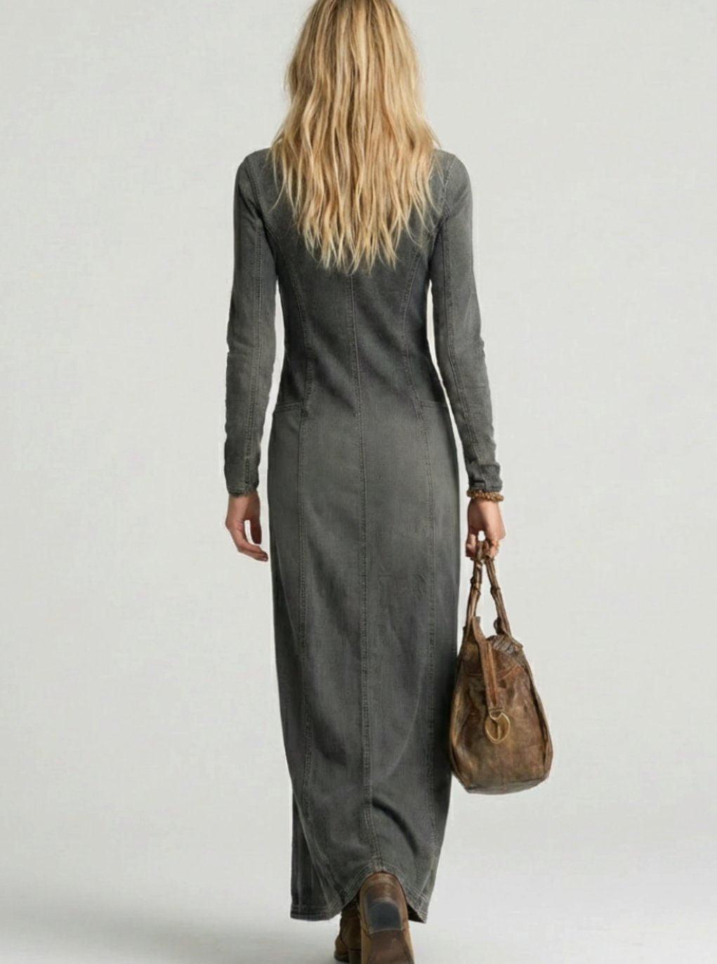 Women's Long Sleeve Button-Front Denim Maxi Dress