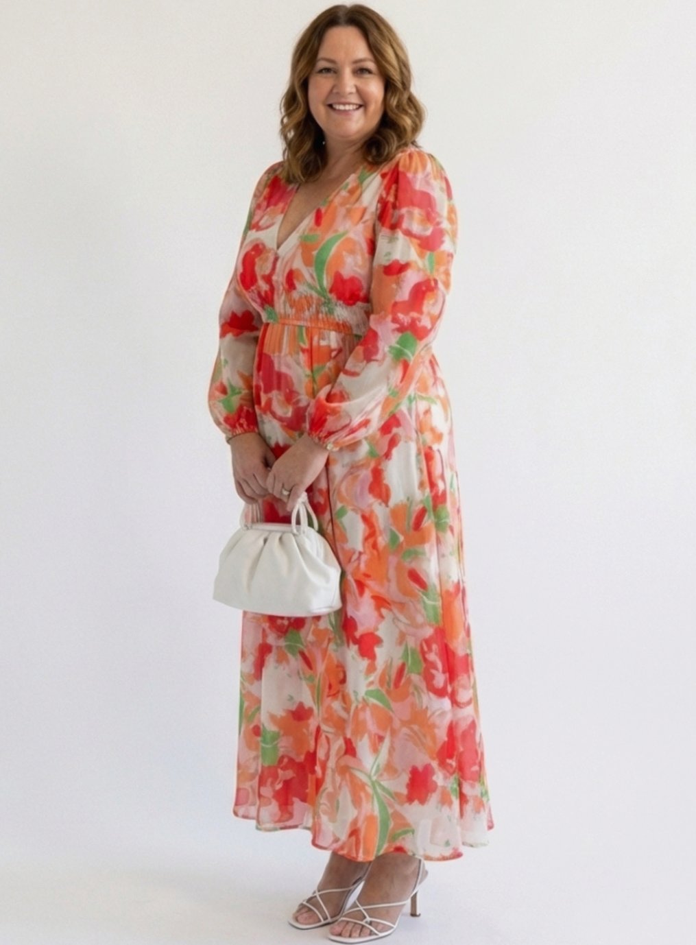 Women's Long Sleeve Floral Maxi Spring Dress V-Neck Tiered Chiffon