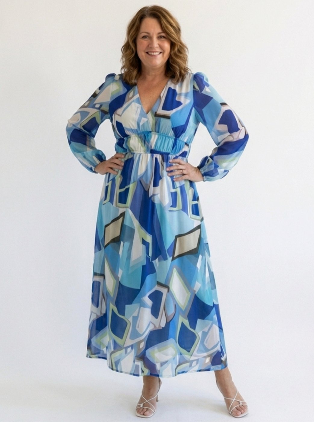 Women's Long Sleeve Floral Maxi Spring Dress V-Neck Tiered Chiffon