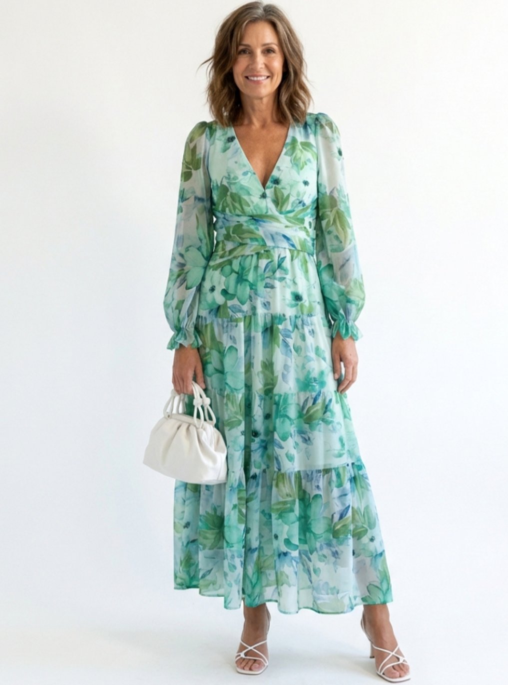 Women's Long Sleeve Floral Tiered Chiffon Maxi Spring Dress - Green