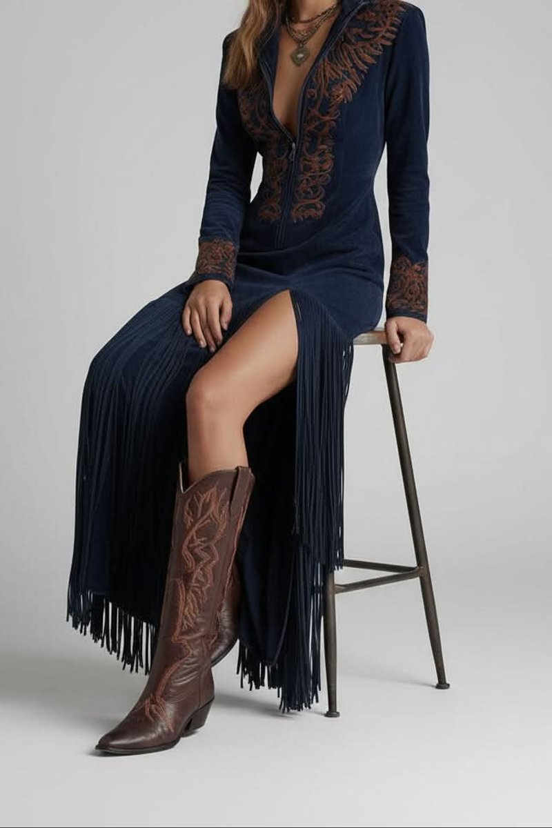 Women's Long Sleeve Fringe Western Evening Gown Maxi Dress