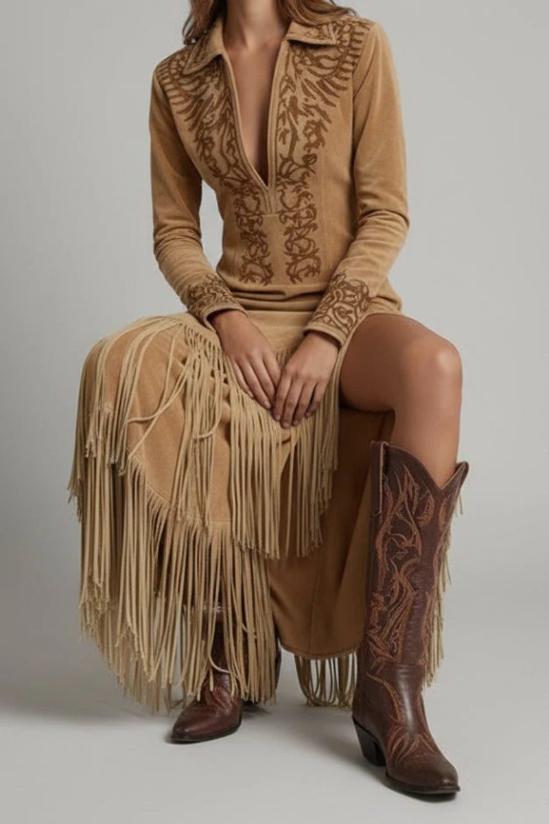 Women's Long Sleeve Fringe Western Evening Gown Maxi Dress - Light brown
