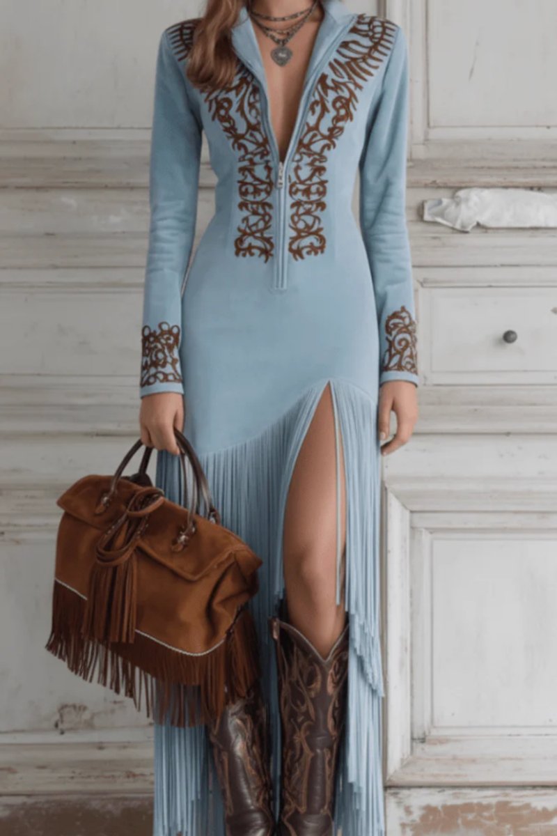 Women's Long Sleeve Fringe Western Evening Gown Maxi Dress