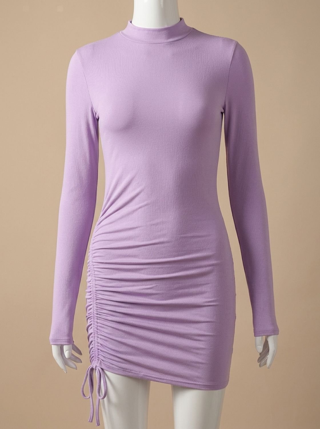 Women's Long-Sleeve Mock-Neck Ruched Bodycon Mini Dress