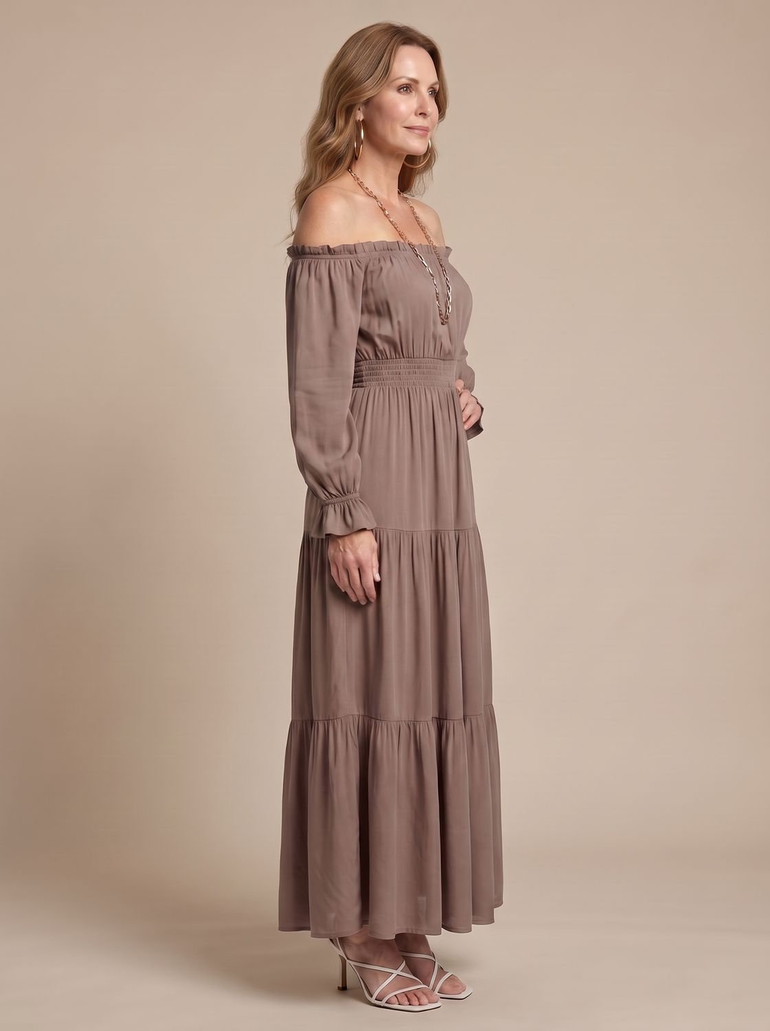 Women's Long Sleeve Off-Shoulder Side Slit Midi Dress