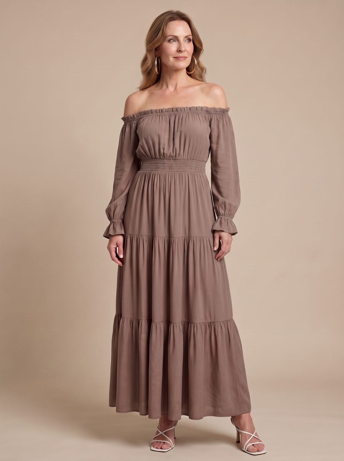 Women's Long Sleeve Off-Shoulder Side Slit Midi Dress