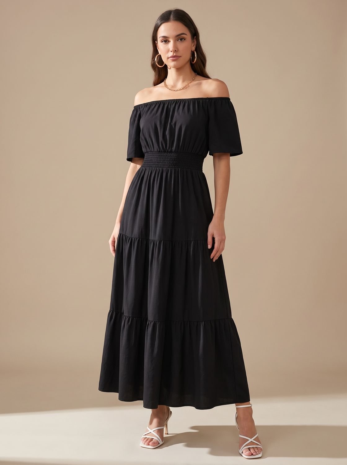 Women's Long Sleeve Off-Shoulder Side Slit Midi Dress - Black