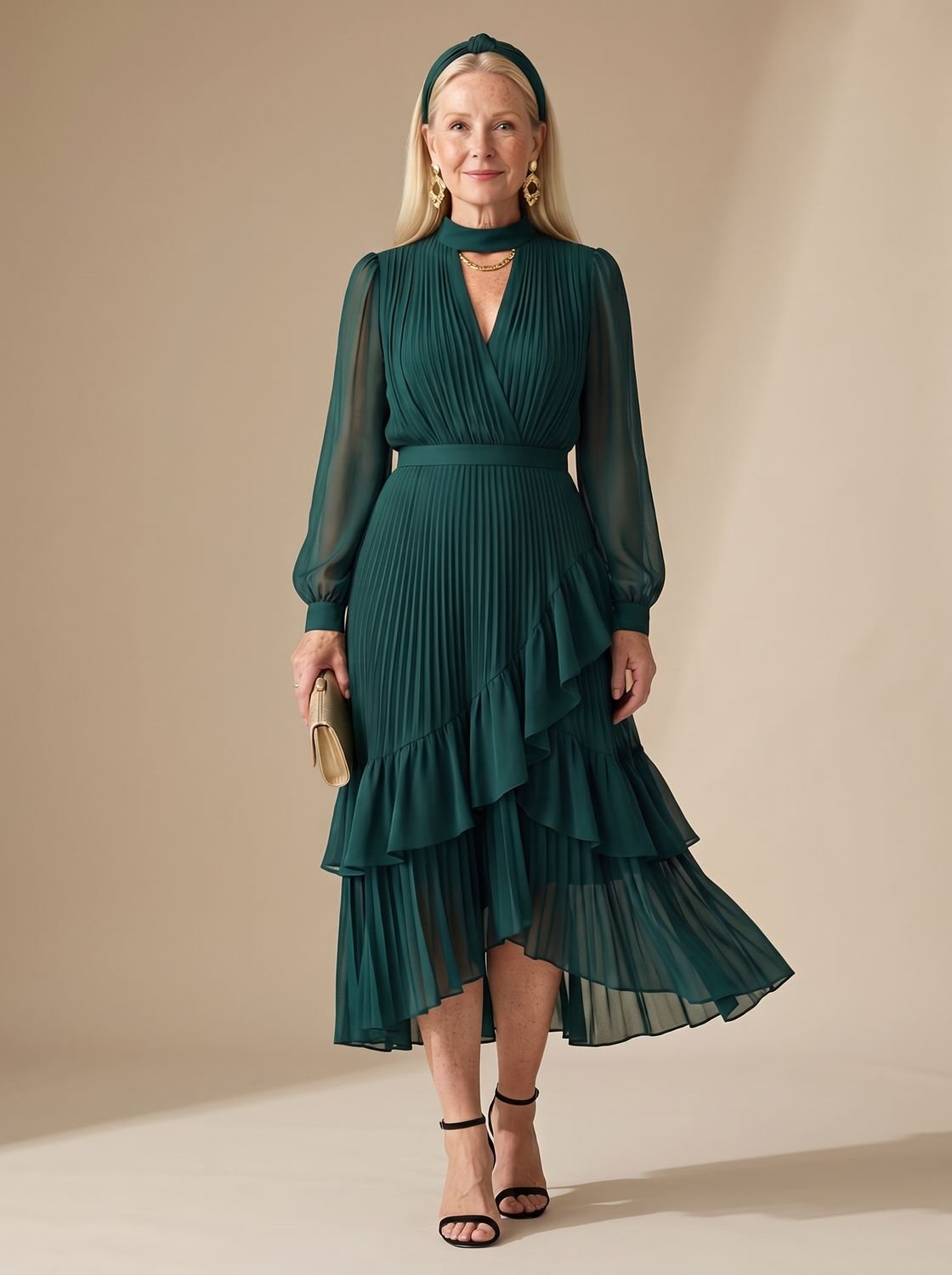 Women's Long Sleeve Pleated Drape Midi Dress Choker Neck Ruffle Hem - Green