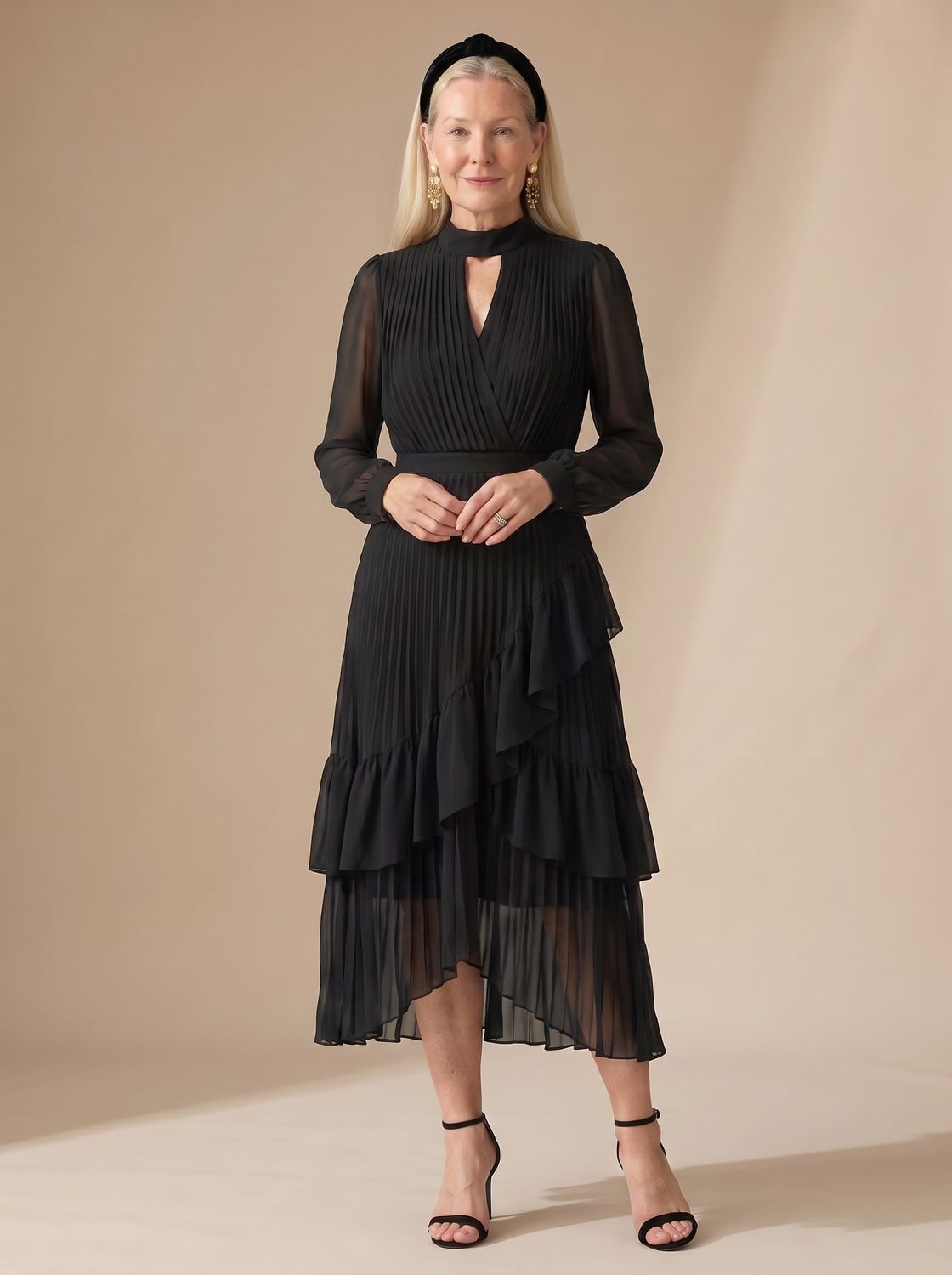 Women's Long Sleeve Pleated Drape Midi Dress Choker Neck Ruffle Hem - Black