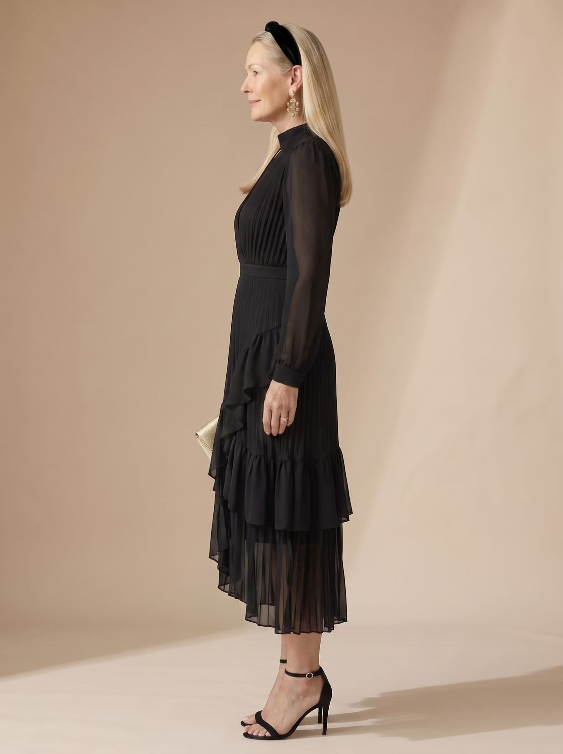Women's Long Sleeve Pleated Drape Midi Dress Choker Neck Ruffle Hem