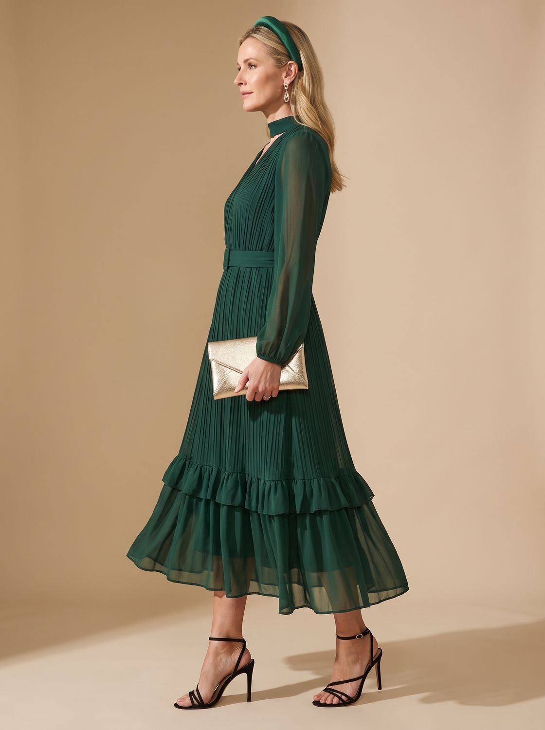 Women's Long Sleeve Pleated Drape Midi Dress Choker Neck Ruffle Hem