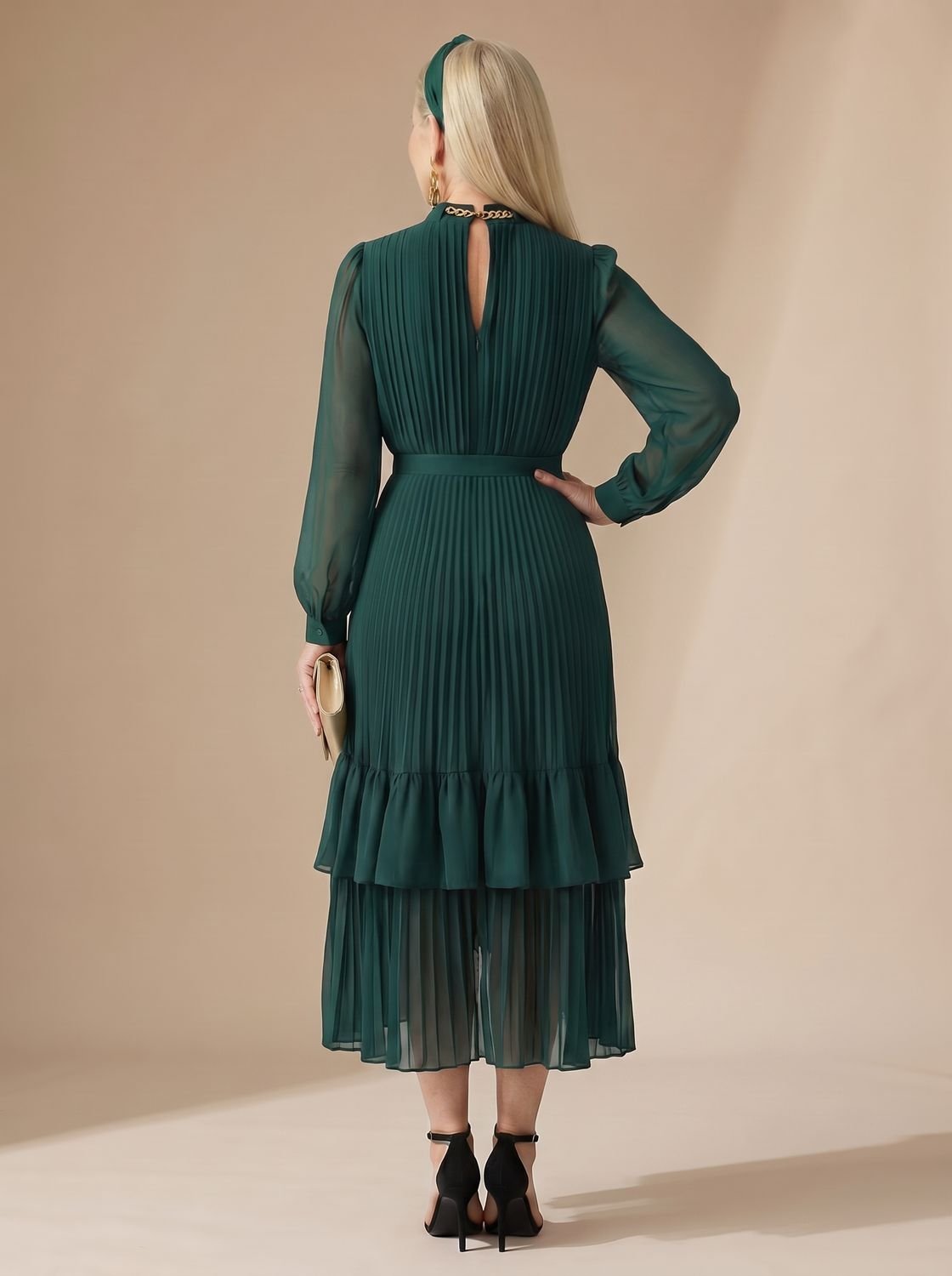 Women's Long Sleeve Pleated Drape Midi Dress Choker Neck Ruffle Hem