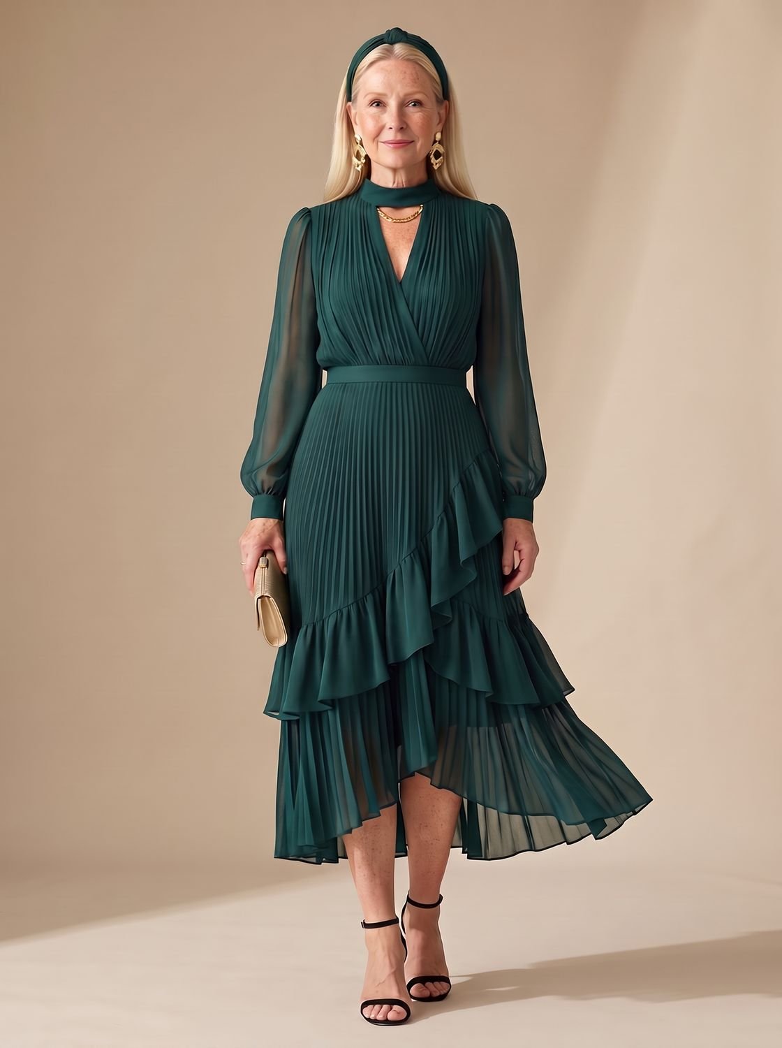 Women's Long Sleeve Pleated Drape Midi Dress Choker Neck Ruffle Hem