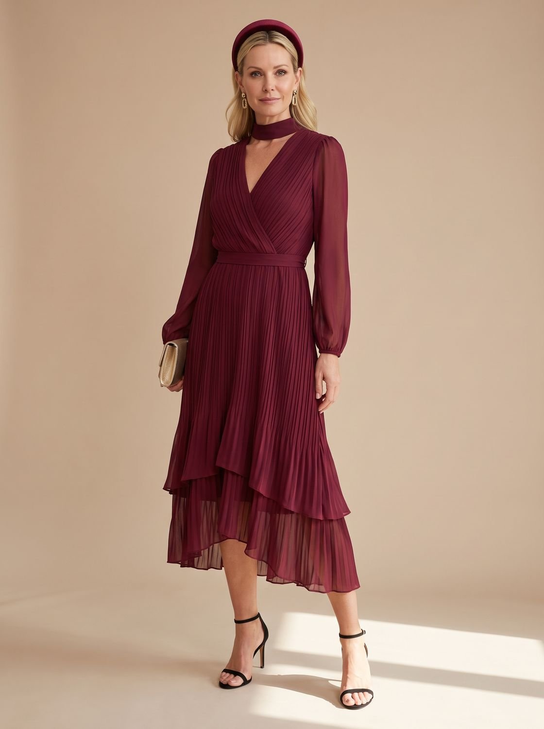 Women's Long Sleeve Pleated Drape Midi Dress Choker Neck Ruffle Hem - Red