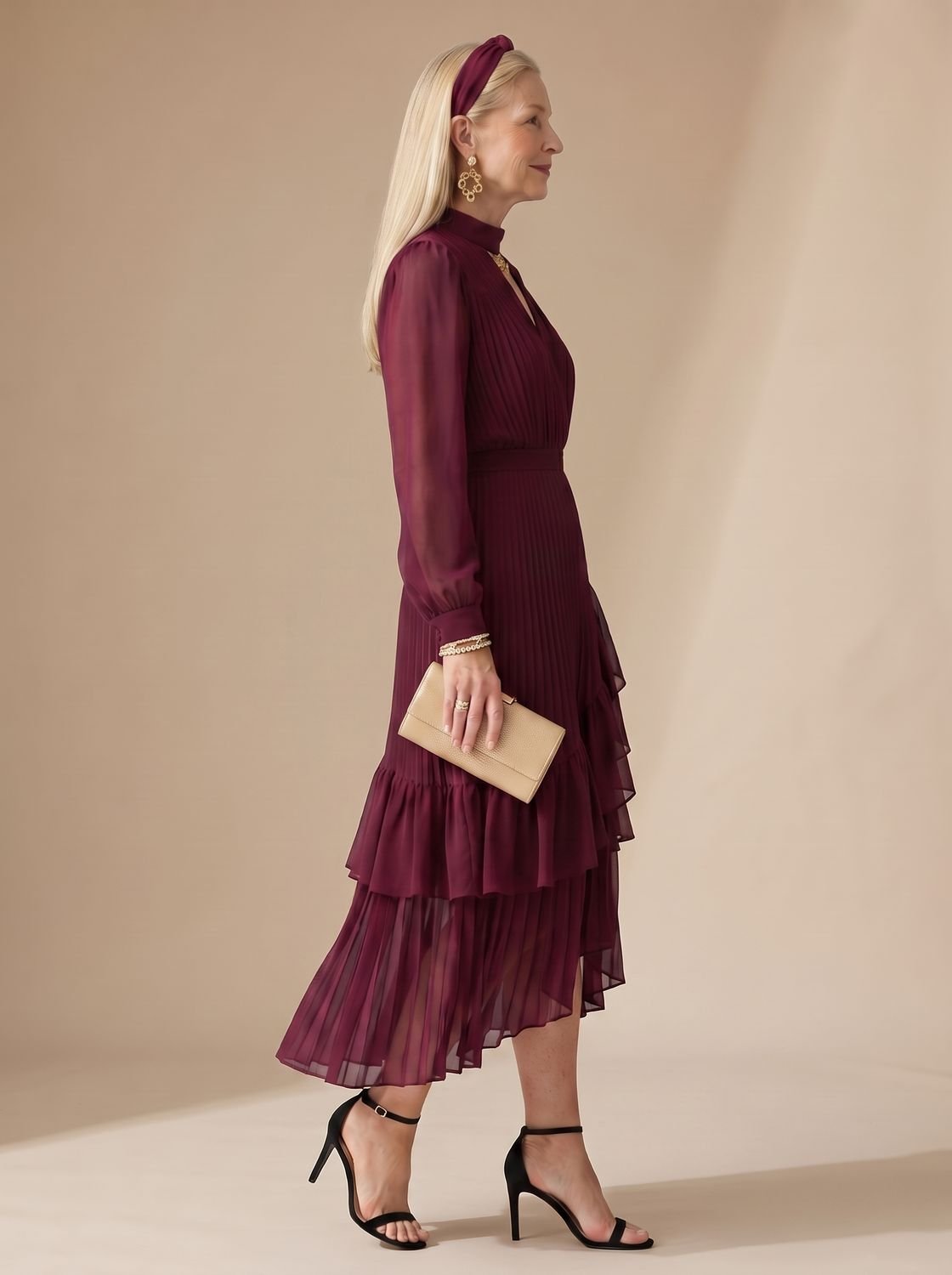 Women's Long Sleeve Pleated Drape Midi Dress Choker Neck Ruffle Hem