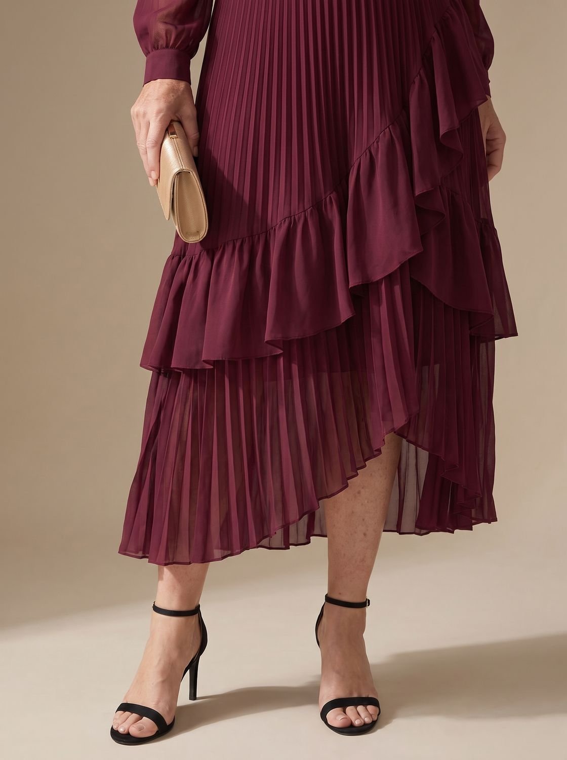 Women's Long Sleeve Pleated Drape Midi Dress Choker Neck Ruffle Hem