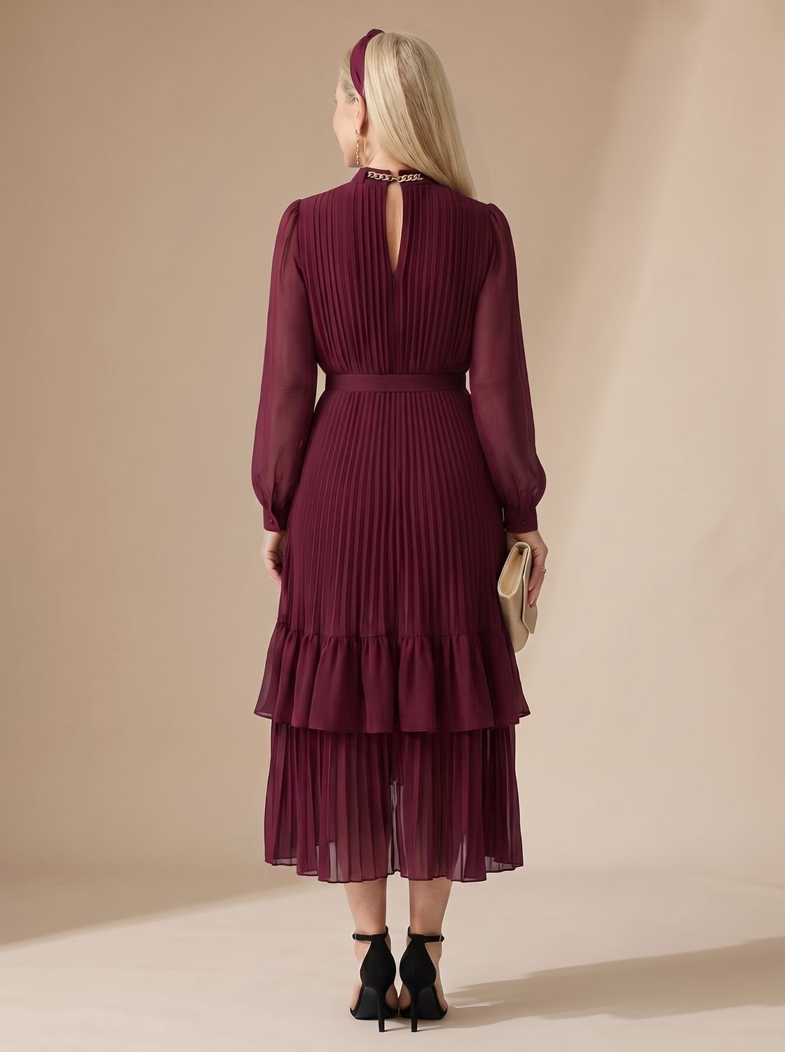 Women's Long Sleeve Pleated Drape Midi Dress Choker Neck Ruffle Hem