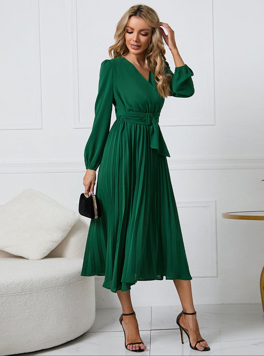 Women's Long Sleeve Pleated Midi Wedding Guest Dress - Green
