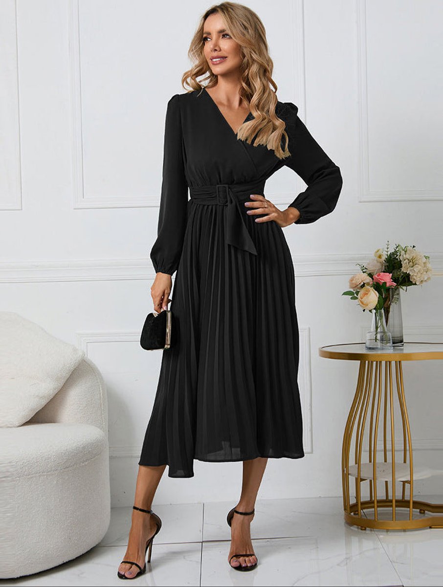 Women's Long Sleeve Pleated Midi Wedding Guest Dress - Black