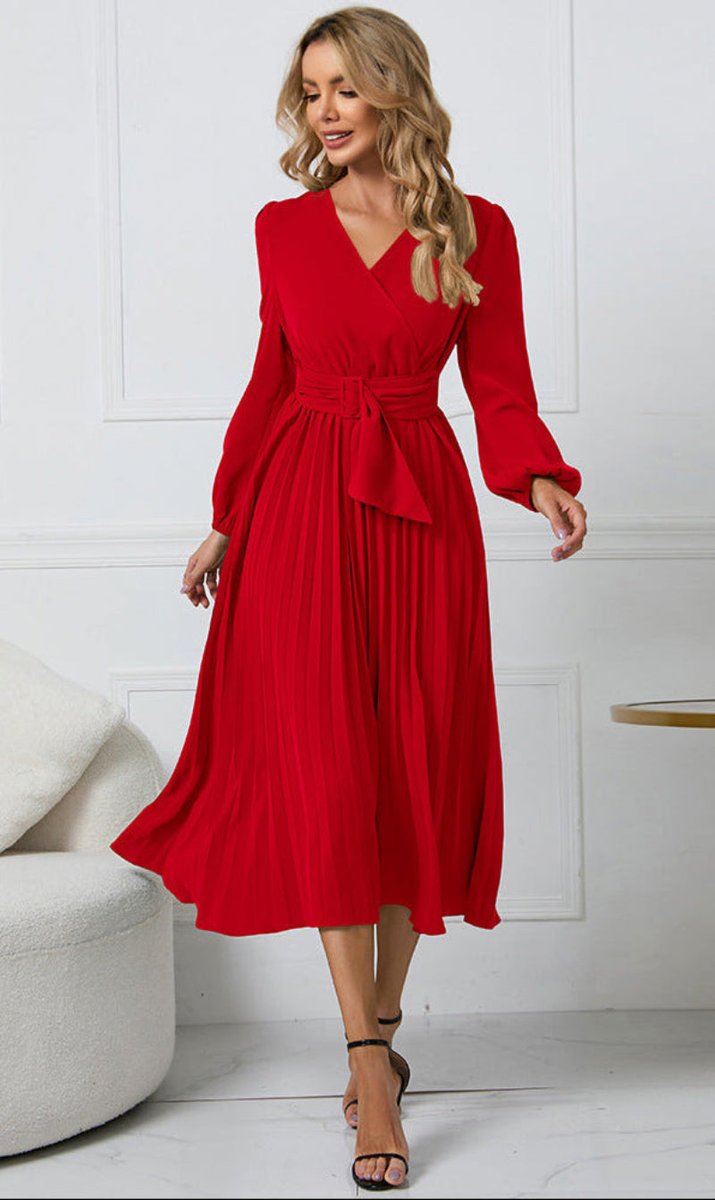 Women's Long Sleeve Pleated Midi Wedding Guest Dress - Red