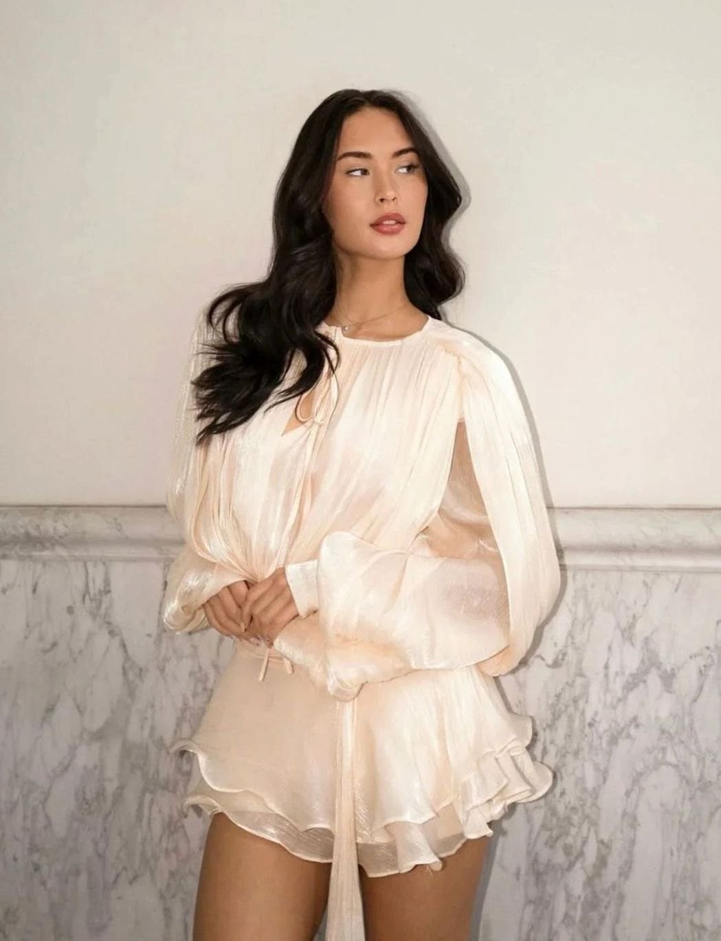 Women's Long Sleeve Pleated Puff-Sleeve Mini Dress - Champagne