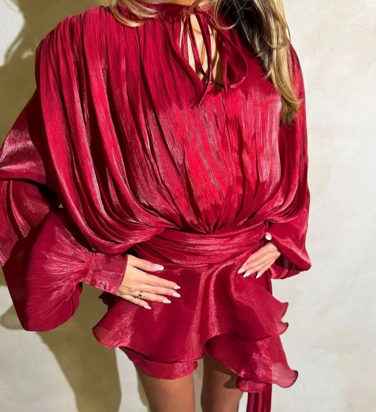 Women's Long Sleeve Pleated Puff-Sleeve Mini Dress