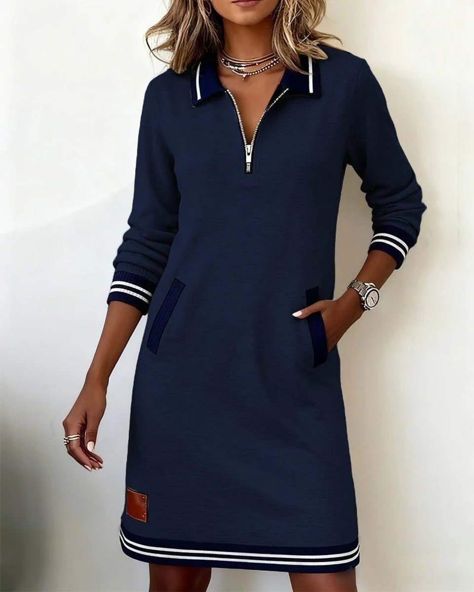 Women's Long Sleeve Quarter-Zip Polo Midi Dress Pockets