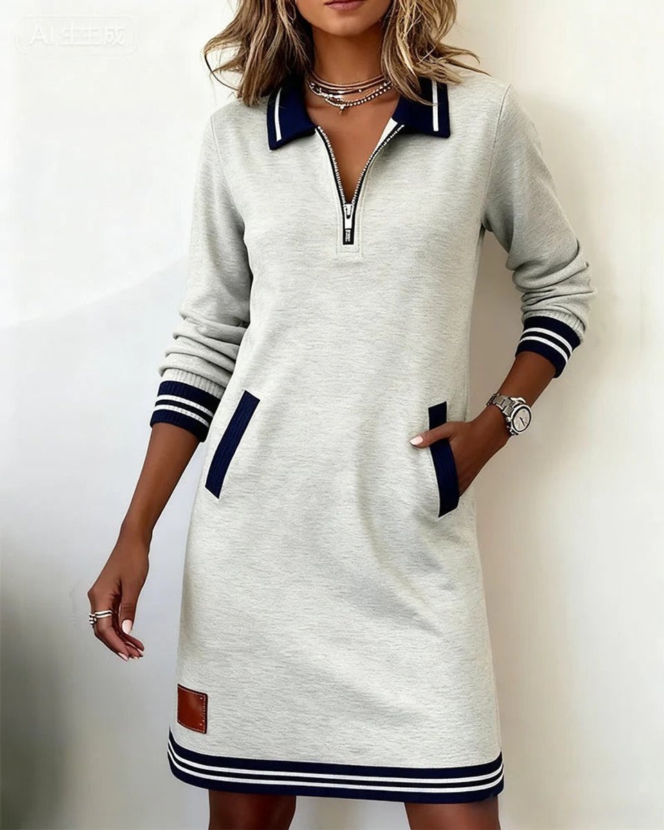 Women's Long Sleeve Quarter-Zip Polo Midi Dress Pockets - Grey