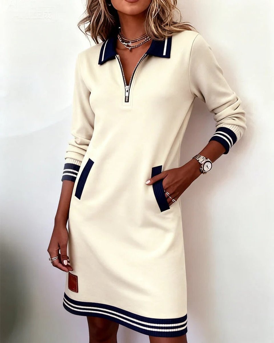 Women's Long Sleeve Quarter-Zip Polo Midi Dress Pockets - White