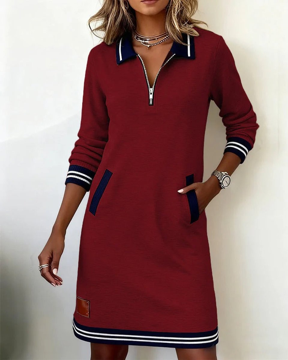 Women's Long Sleeve Quarter-Zip Polo Midi Dress Pockets - Red