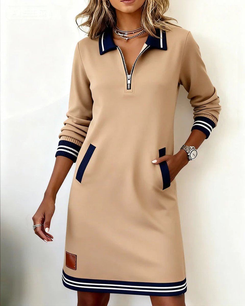 Women's Long Sleeve Quarter-Zip Polo Midi Dress Pockets