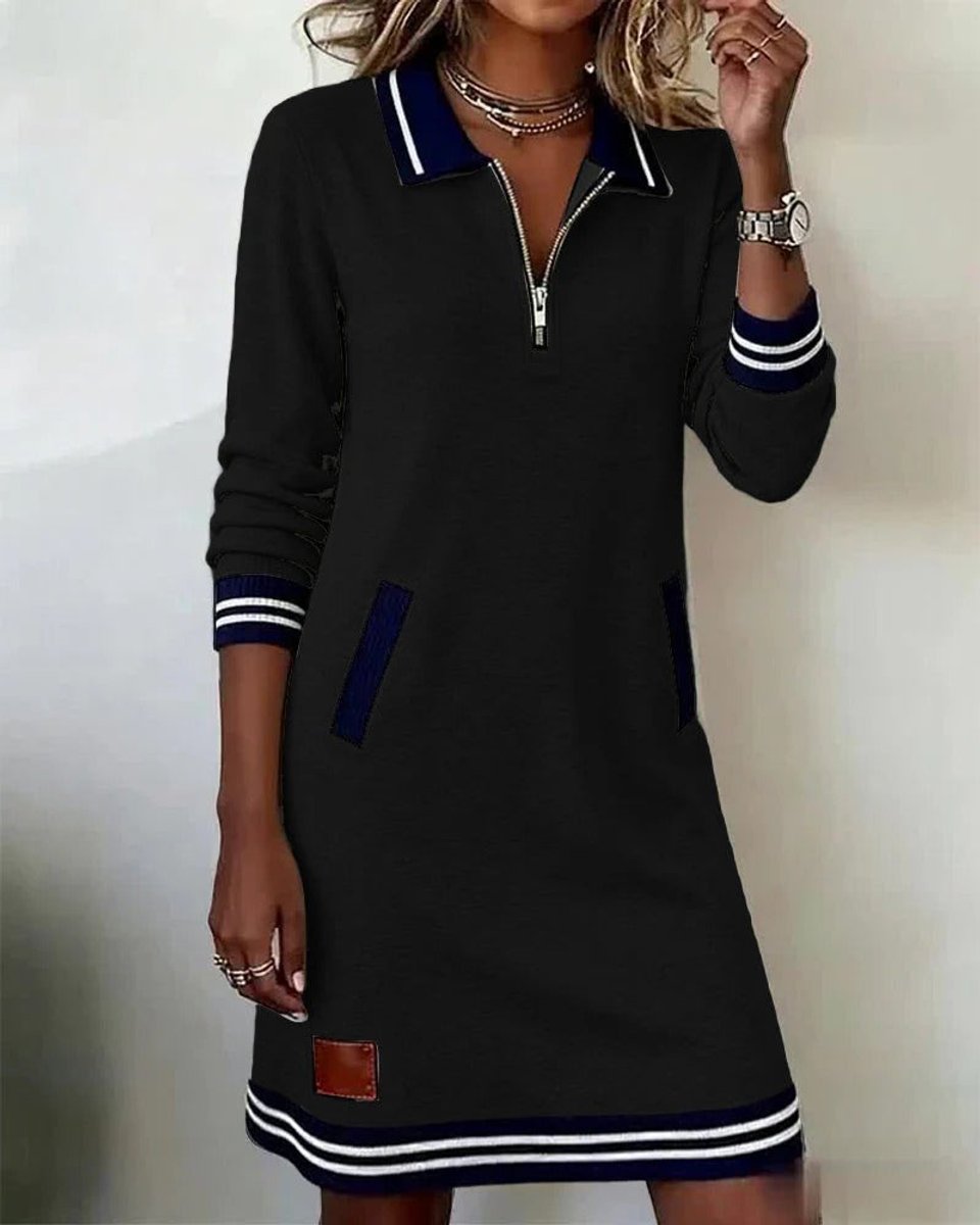 Women's Long Sleeve Quarter-Zip Polo Midi Dress Pockets
