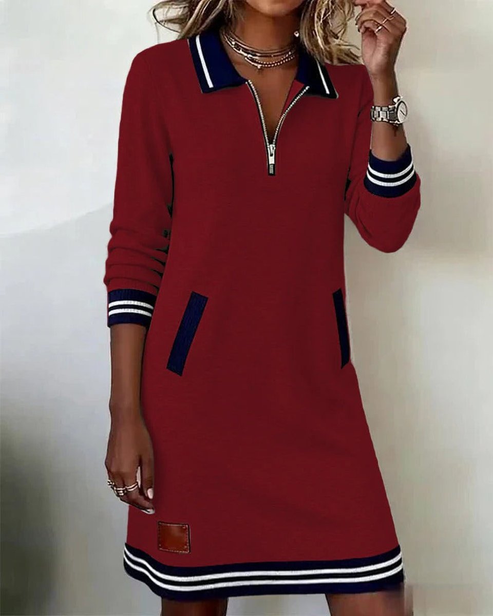 Women's Long Sleeve Quarter-Zip Polo Midi Dress Pockets