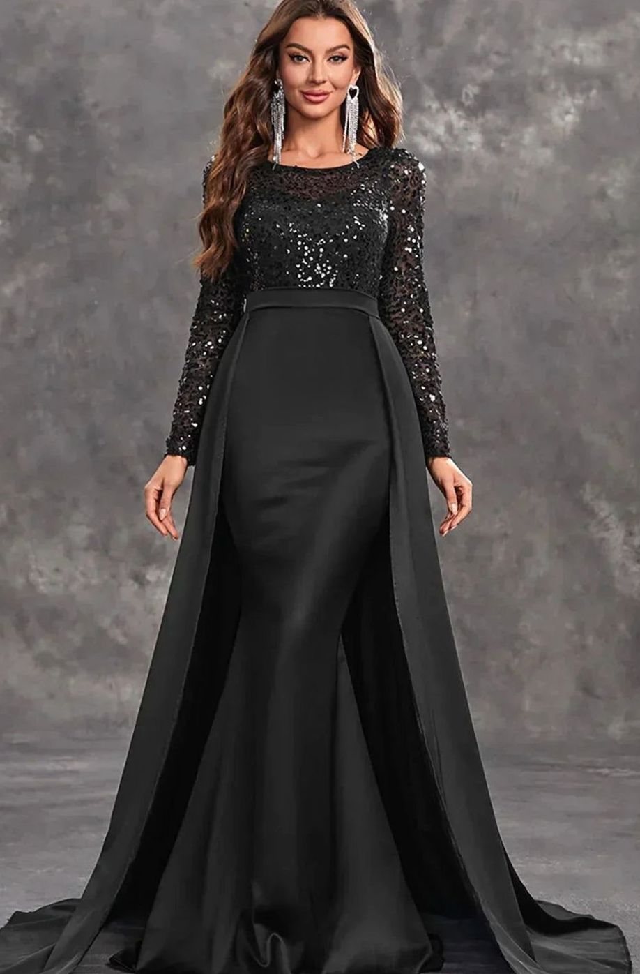 Women's Long-Sleeve Sequin Formal Maxi Gown Flowing Overskirt