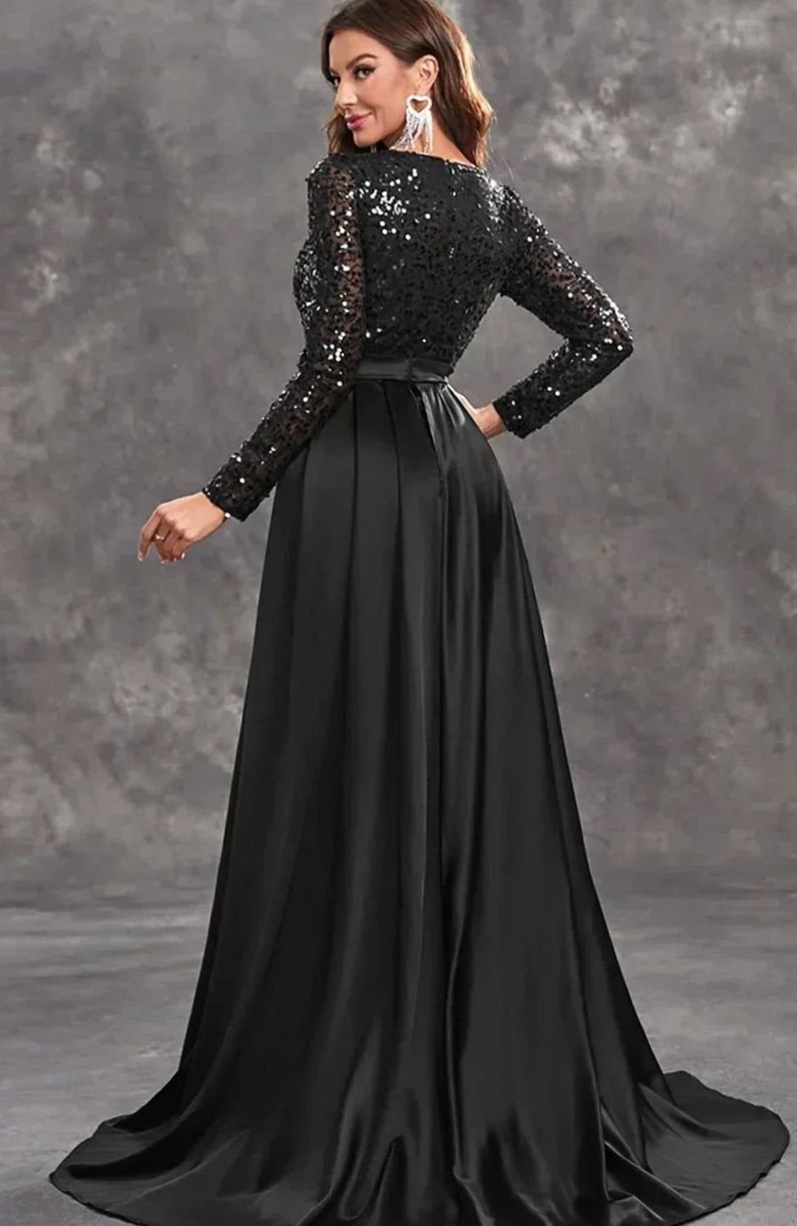 Women's Long-Sleeve Sequin Formal Maxi Gown Flowing Overskirt
