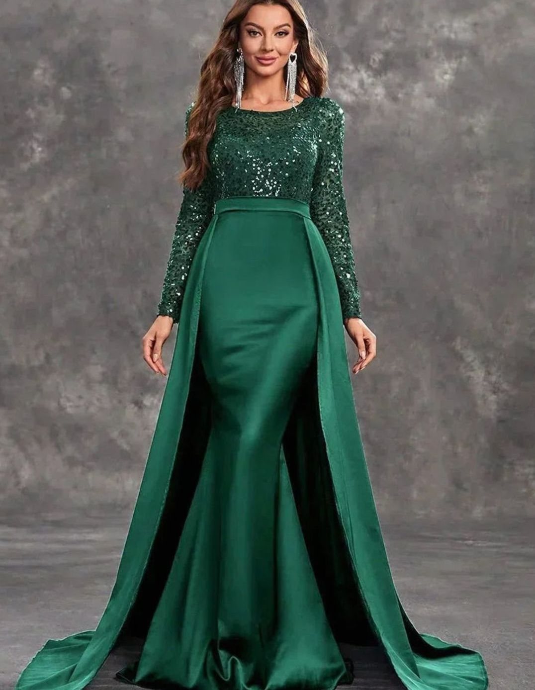 Women's Long-Sleeve Sequin Formal Maxi Gown Flowing Overskirt - Green