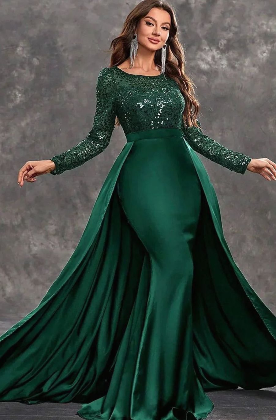 Women's Long-Sleeve Sequin Formal Maxi Gown Flowing Overskirt