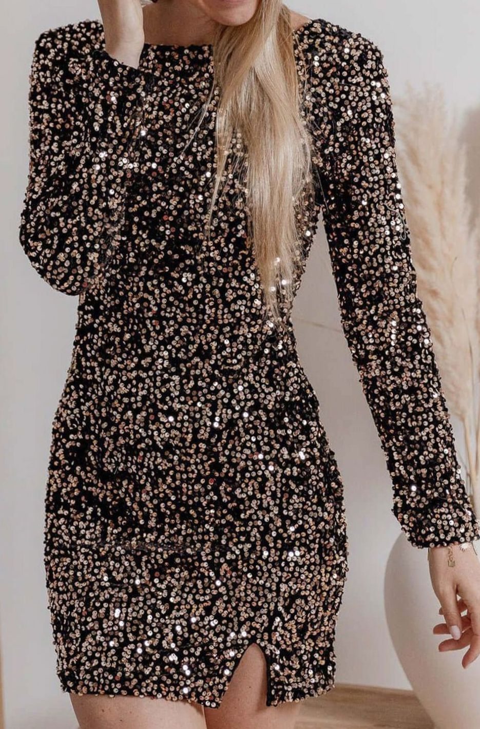 Women's Long-Sleeve Sequin Mini Dress Formal Bodycon - Brown