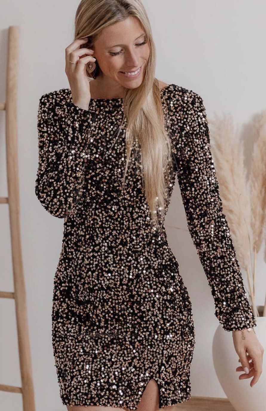 Women's Long-Sleeve Sequin Mini Dress Formal Bodycon