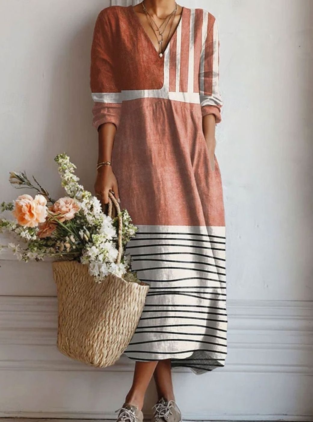 Women's Long-Sleeve Striped Colourblock Relaxed Maxi Day Dress - Dress